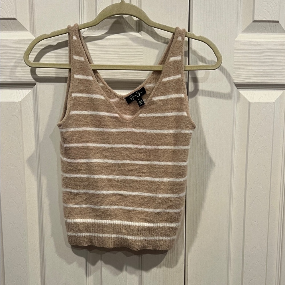 Jessica Simpson brand striped Tan and White Women's Fuzzy tank sweater